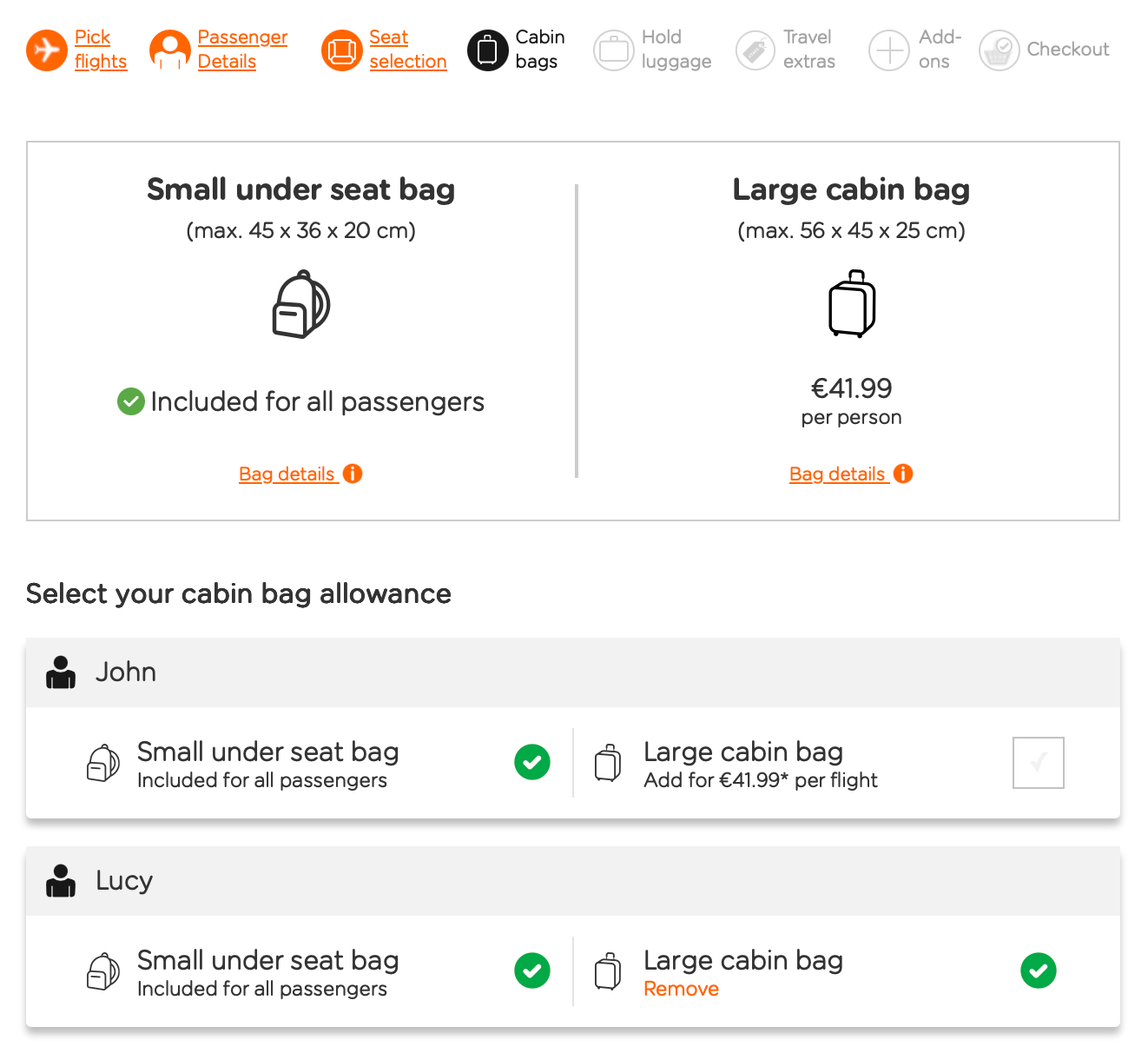 Screenshot showing a single bag selection option for €42!