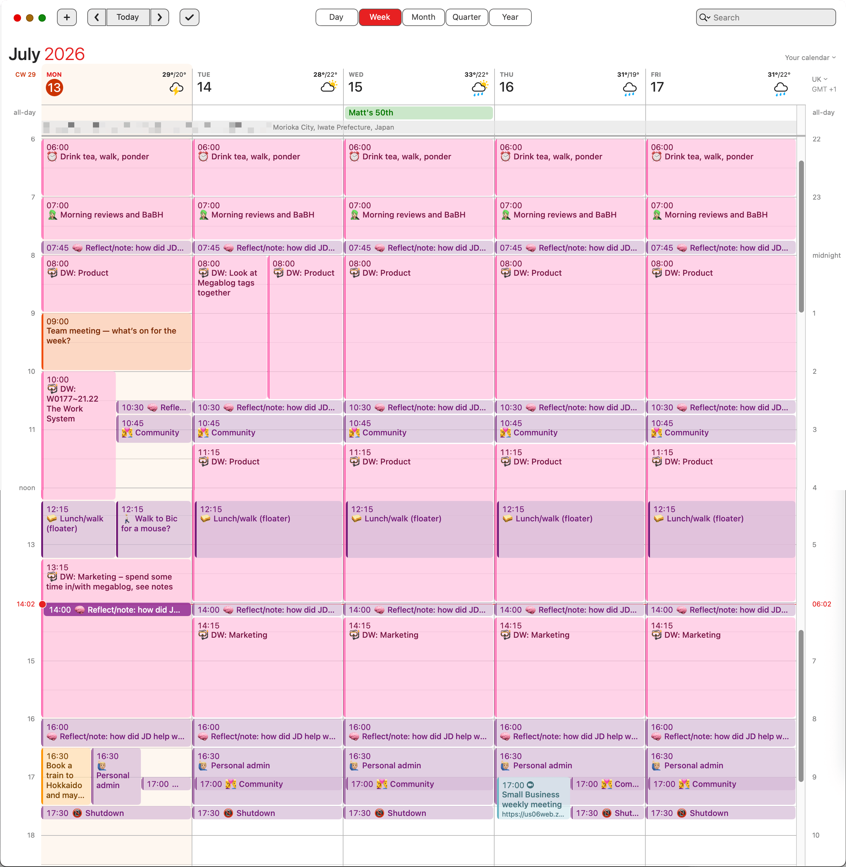 Screenshot of Fantastical. 5 days are shown, from 9-5pm. Every slot is filled with a pink planning session. Every day is the same.